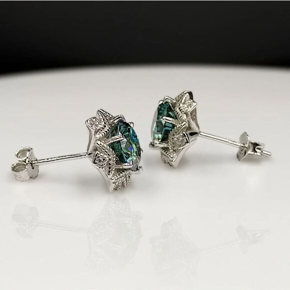 Certified 2ct Blue Green Moissanite Luxury Stud Earrings - Picture 2 of 8